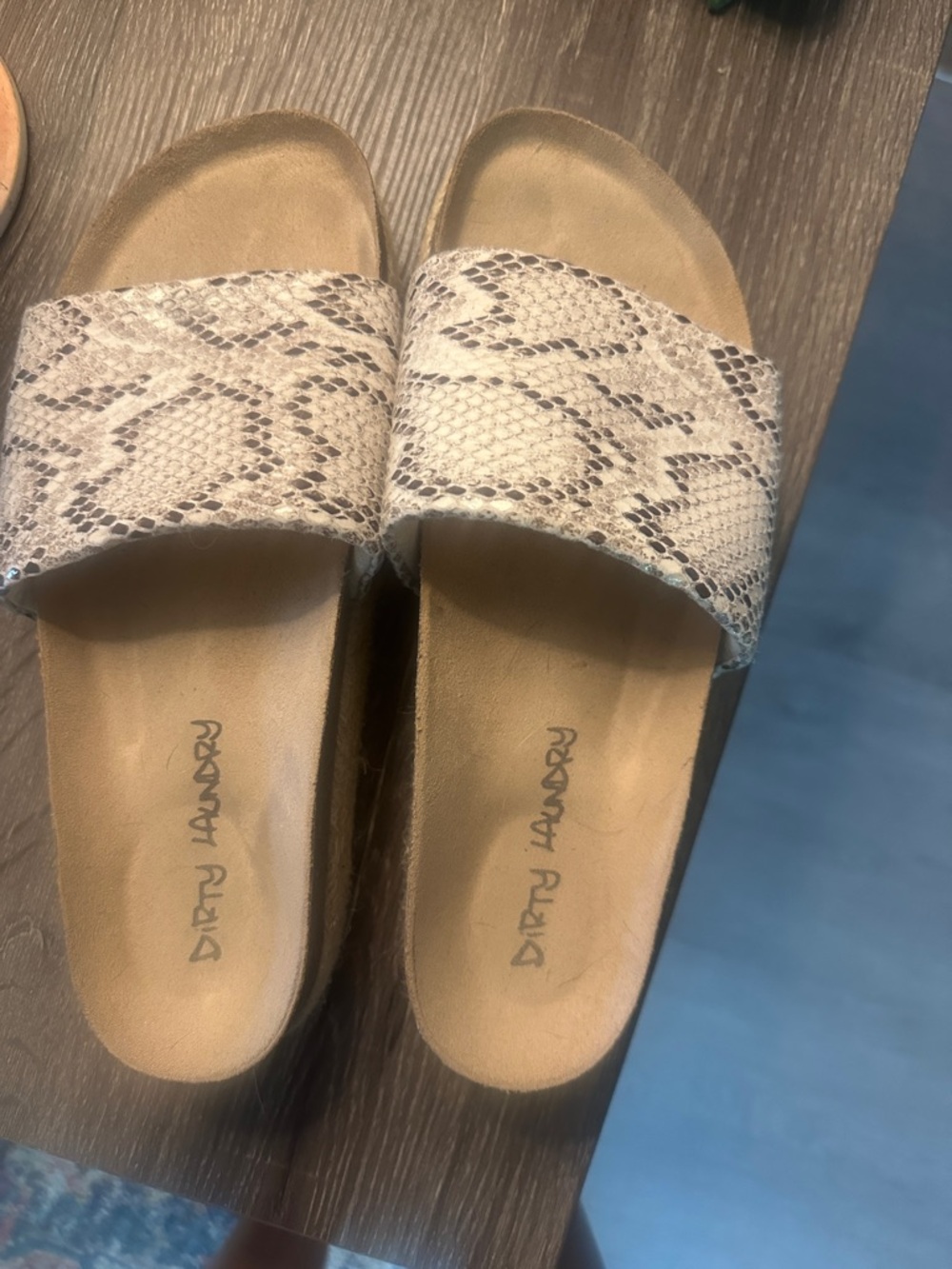 Dirty Laundry Snake Print Slide Sandals in Beige and Taupe